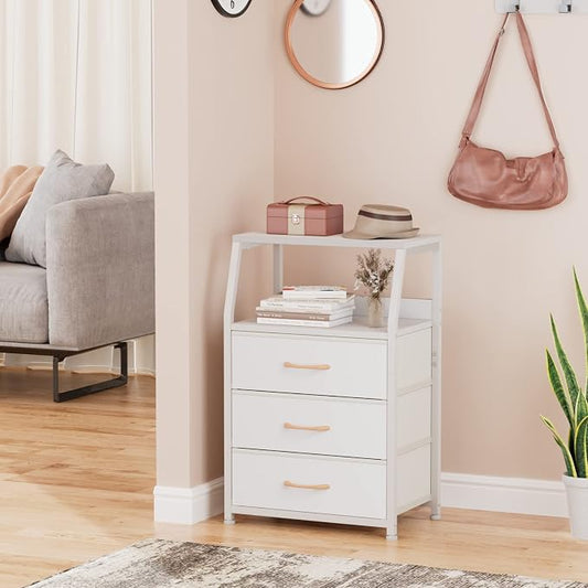 Furnulem White Nightstand with 3 Drawers and 2-Tier Shelf, Small Night Stand End Table Side Furniture, Fabric Storage Organizer for Bedroom, Closet, Hallway, Nursery, Sturdy Steel Frame, Wood Top