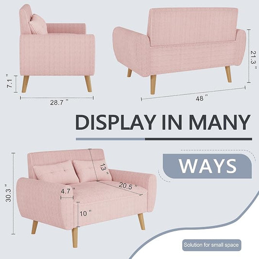 Shintenchi 48'' Loveseat Sofa, Mid-Century Modern Upholstered Couch Deep Seat with 2 Pillows, 10" Thick Cushion with Spring, Solid Wood Frame Small Couch for Living Room, Bedroom, Dorms & Office, Pink
