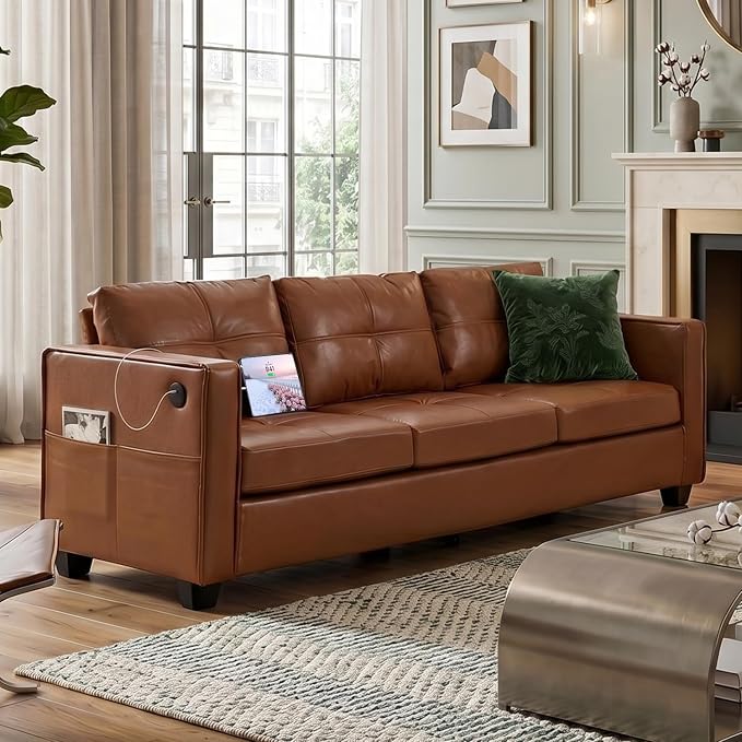 TYBOATLE 88" W Faux Leather Couches for Living Room w/Side Pockets, Tufted Mid-Century Modern Comfy Leather Couch w/USB and Wider Arms, 3 Seater Sofa for Office, Apartment, Bedroom, Brown