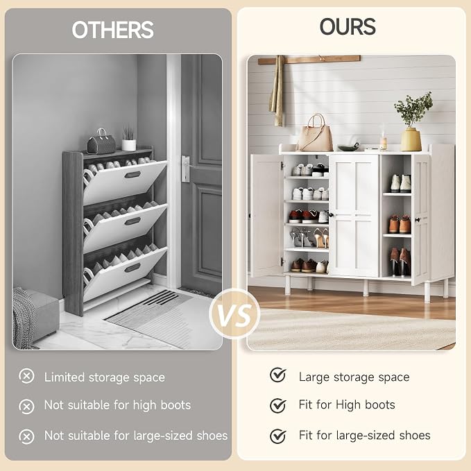 ONBRILL Shoe Cabinet with 3 Doors and Adjustable Shelves, 30 Pairs Shoe Storage Cabinet, 40 Inch Tall Farmhouse Shoe Rack Shoe Organizer Cabinet for Entryway Living Room Closet, White