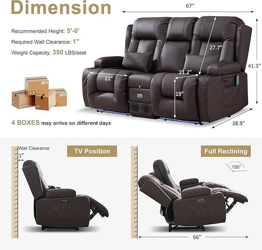 URRED Power Loveseat Recliner Sofa with Massage and Heat, Wall Hugger Reclining Loveseat with Console, RV Couch Home Theater Seating with LED Lights for Living Room (Dark Brown, 67" - 2 Seats)