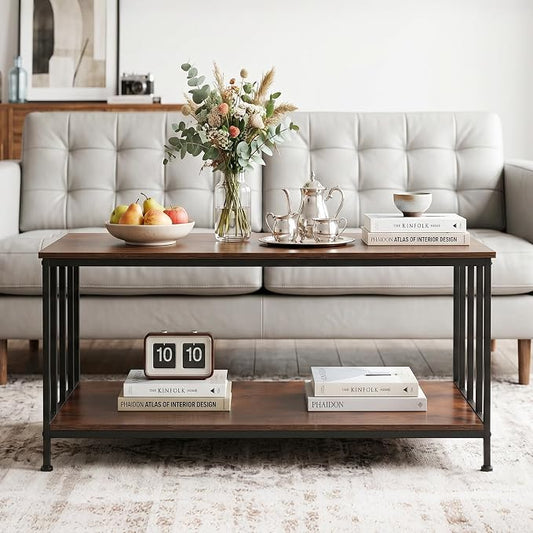 SENIG 2-Tier Coffee Table 39.4" with Slatted Sides Frame, Brown Oak | Industrial Wood and Metal Center Table for Home Office Kitchen 39.4" L x 21.7" W