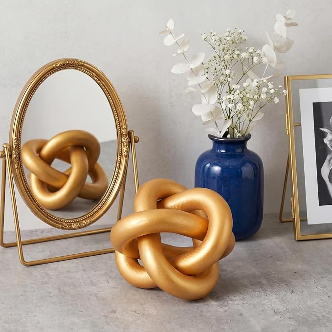 Yalikop 3 Link Wood Knot Decor Rustic Home Décor Accents Hand Carved Coffee Table Decoration, Boho Chain Link Decoration, Modern Shelf, Rustic Objects for Home Living Room Bedroom(Gold)