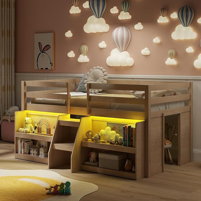 Giantex Low Loft Bed with LED Lights, Wooden Twin Loft Bed with Stairs & Safety Guardrail, Loft Bed Twin Size with Storage Bookcase and Under-Bed Play Space, Loft Bed for Kids (Natural)