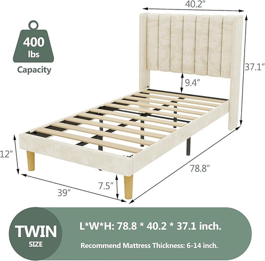 alazyhome Platform Bed Frame Twin Size with Upholstered Headboard, Solid Wood Slats Support, No Box Spring Needed, Noise Free, Easy Assembly, Modern Velvet Bed, Beige