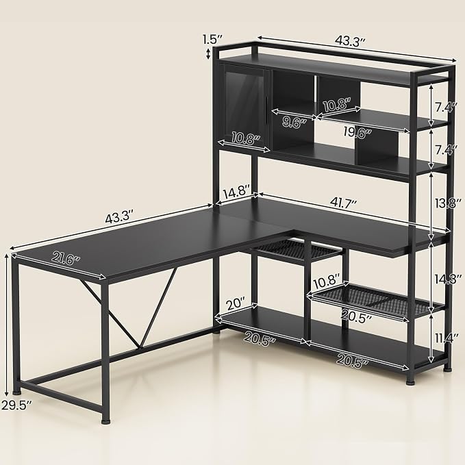 SEDETA L Shaped Computer Desk, 58'' Office Desk with LED Light and Bookshelf, L Shaped Corner Desk with Storage Shelves for Home Office, Gaming Desk, L Desk, Black