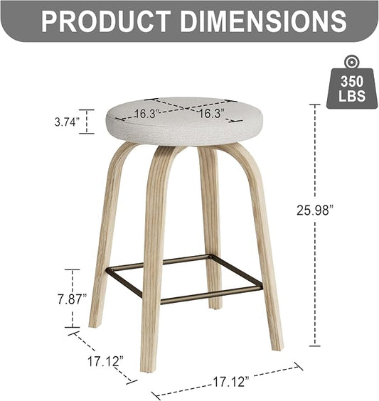 Bar Stools Set of 2, Counter Height Backless Bar Stools, 26" Swivel Barstools Kitchen Chair with Upholstered Fabric Seat, Beige