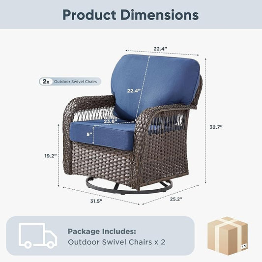 Belord Patio Chairs Set of 2, Wicker Swivel Rocker Outdoor Chairs for Deck Porch Garden, 2 Piece Luxury Patio Furniture Set,Blue