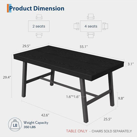 GarveeHome Industrial Dining Table for 2-4, 55" Heavy Duty Rectangular Kitchen Table with 2"×2" Metal Legs, Small Space Dining Table for Kitchen, Dining Room (Black, 55" Non-extendable)