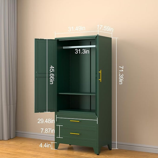 erosoei Metal Armoire Wardrobe Closet, 71 "Metal Clothing Storage Cabinet | with Adjustable Shelves and Hanging Rod, Household Steel Wardrobe Storage Cabinet with Drawers (armoire-green)