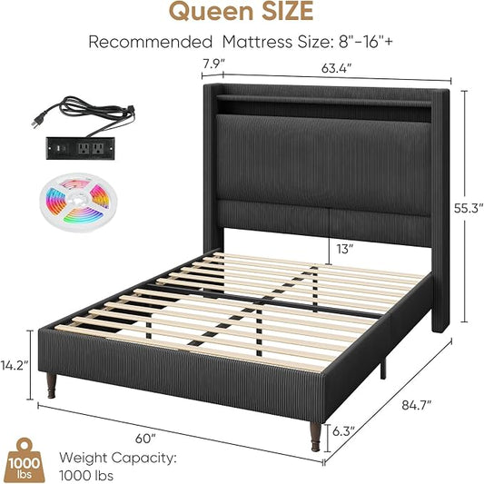 Queen Size Bed Frame with Tall Headboard, 55.3" Upholstered Platform Bed with LED Lights & Charging Station, Elegant Corduroy Bedframe, 2-tier Storage Wingback Headboard, No Box Spring Needed, Black