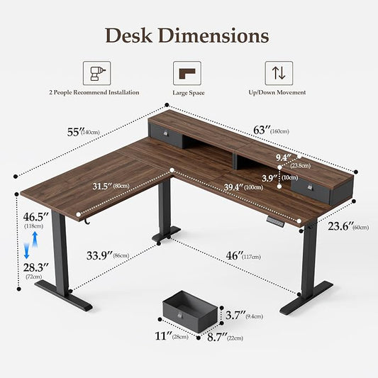 Klicelor L Shaped Electric Standing Desk 63 x 55.1 inch with Shelf, Height Adjustable Corner Desk, Sit Stand Desk with Storage Shelf, Home Office Computer Table, Dark Walnut