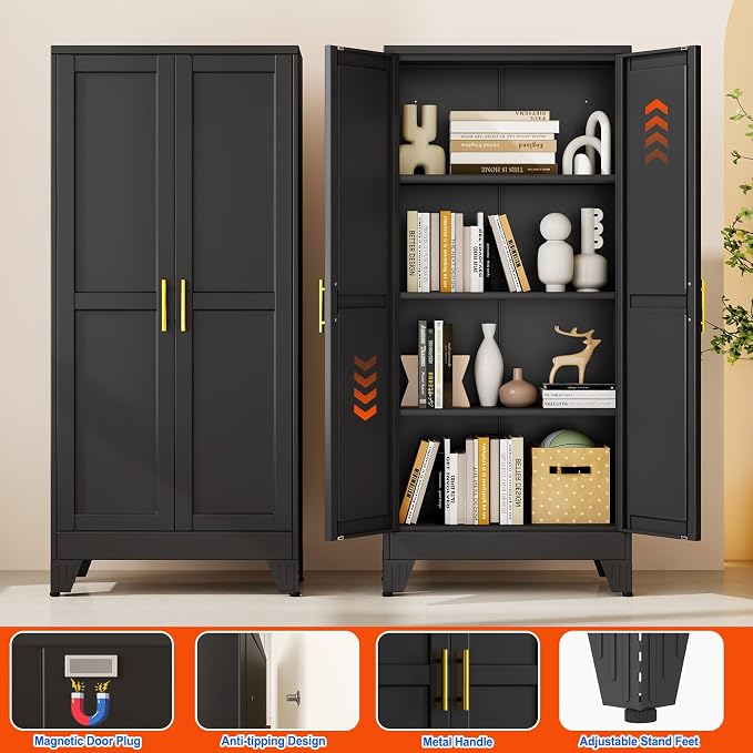 GAIOUS 61''Tall Metal Garage Storage Cabinet,File Cabinet with Door and Adjustable Shelves, Outdoor Steel Tool Cabinet for Home,Office,Warehouse,Garage,Black