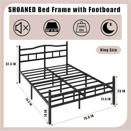 SHOANED Metal Bed Frame with Headboard & Footboard - 14 Inch King Size Heavy Duty Bedframe Black Basic Steel Slats Platform No Box Spring Needed/Easy Assembly/Noise Free