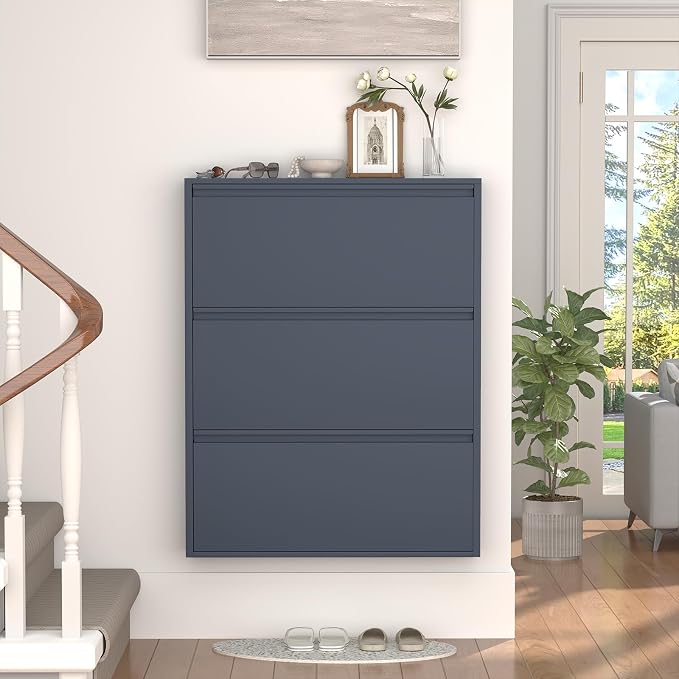 GREATMEET Shoe Cabinet with 3 Flip Drawers, Slim Metal Shoe Cabinet Storage for Entryway, Hidden Narrow Shoe Rack Organizer Cabinets Wall Mount for Living Room, Bedroom, Hallway, Blue