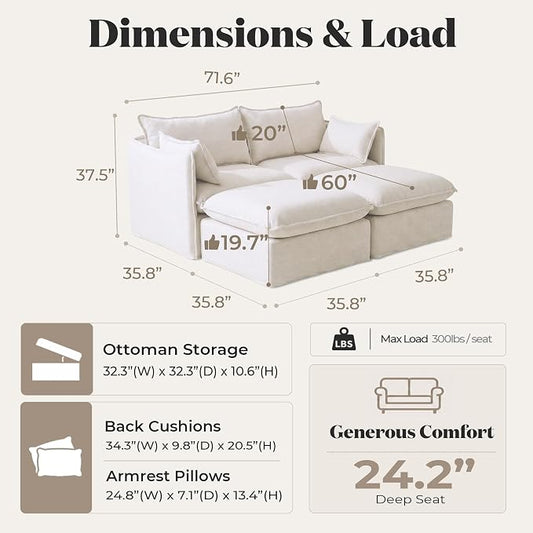 Cloud Modular Loveseat Lounge, Oversized Deep Seat, Linen Blend | Fully Removable Washable Covers, Memory Foam Seat Cushions, Storage Ottoman, Premium Fabric