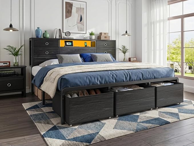 Homkdom King Size Bed Frame with 9 Fabric Drawers Storage, Charging Station & LED Lights, Metal Platform Bed Frame with Headboard,Noise-Free and Easy Assembly,Black