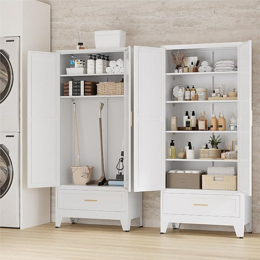 71" Tall Kitchen Pantry Cabinet,Farmhouse Pantry Cabinet,Metal Cabinet with Adjustable Shelves and Drawer,Storage Cabinet for Kitchen Dining Room Garage,White 1 Pack