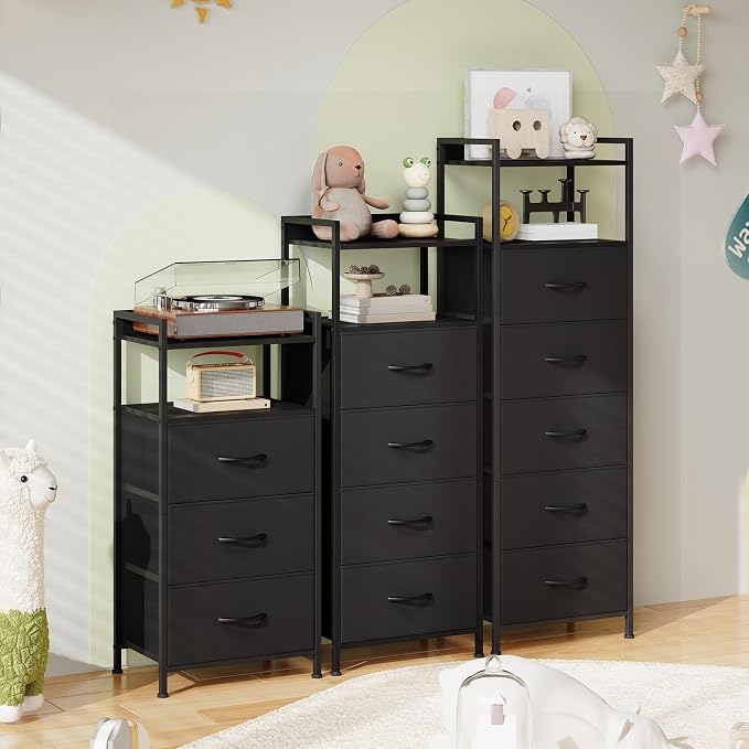 Somdot Tall Dresser for Bedroom, 5 Drawers Nightstand Vertical Storage Tower Unit, Night Stand Furniture with Fabric Drawer Organizer in Bedside Hallway, Entryway, Kids Room, Closet, Black