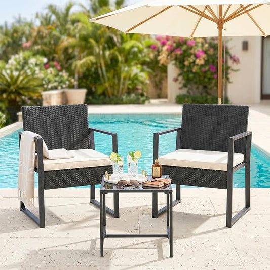 FDW | 3-Piece Patio Furniture Set | Khaki |Outdoor Wicker Furniture with Coffee Table | Modern Rattan Chairs Conversation Set | Outdoor Seating | Weather-Resistant | for Porch, Garden, Lawn