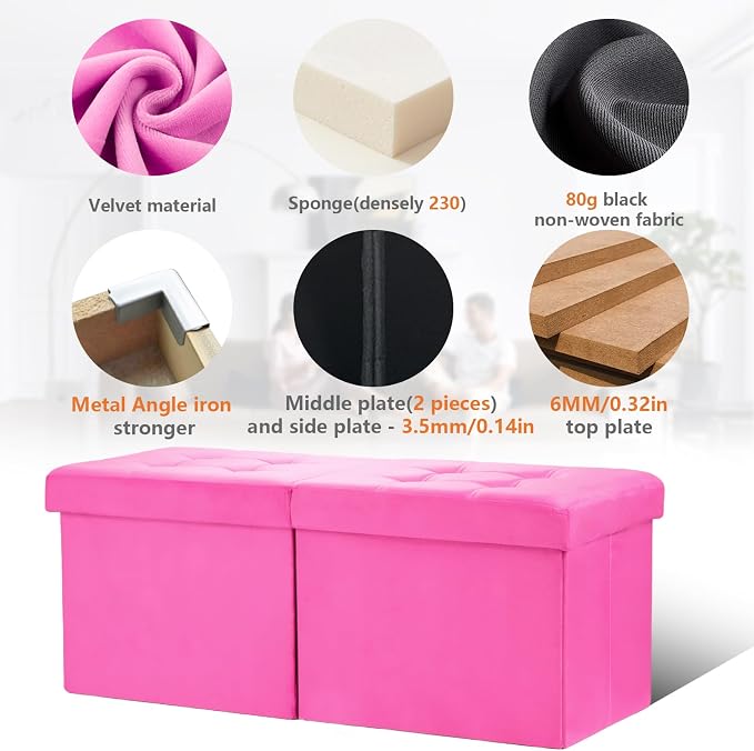 AmasSmile® Storage Ottoman Foot Rest Stool, 34 inch Velvet Footstool Bench, Short Ottoman Stool, Small Folding Storage Ottoman Store Books, Records, Rose