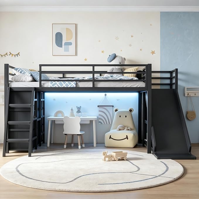 Bellemave Twin Loft Bed with Slide & Ladder, Metal Kids Loft Bed with Storage Drawers & LED Lights, Low Loft Bed Twin Size with Wood Wardrobe & Bookcase, Loft Bed for Kids Teens, Black