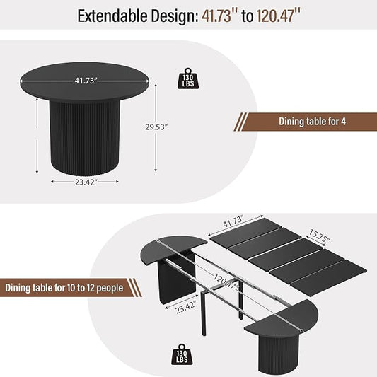 weselon 42"-120" Extendable Dining Table for 4-14, Expandable Oval Dining Room Table with Fluted Pedestal Base & Reinforced Metal Support Leg, Extra Large Modern Kitchen Table (Black)