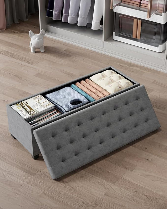 ABHENG Chenille Storage Ottoman Bench with Legs, 43.5”W x 15.7”D x 15.7”H,Metal Frame end of Bed Bench Hold up to 770 LB,Large Storage Chest,Gray UASND621G