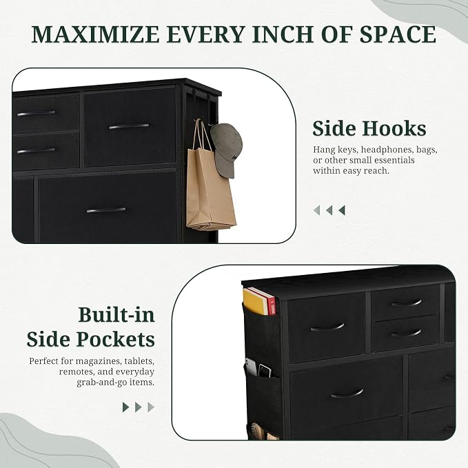Dresser for Bedroom with Side Pockets and Hooks, 10 Drawers Storage Organizer Chest of Drawers, Sturdy Metal Frame for Living Room, Hallway, Closet, Black