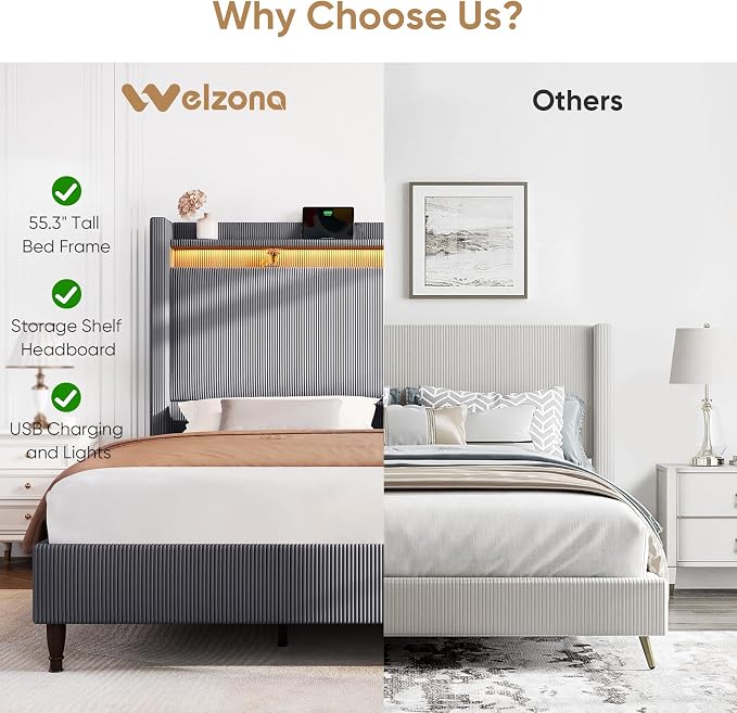 King Bed Frame with 55.3" Tall Headboard, Corduroy Upholstered Platform Bed with LED Lights & Charging Station, Wingback Storage Headboard, Solid Wood Slats,Noise Free,No Box Spring Needed,Dark Grey