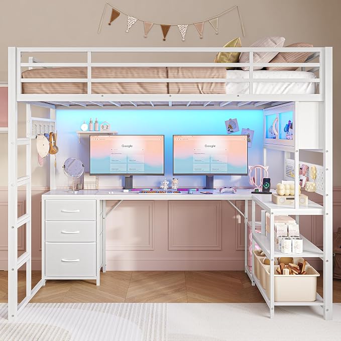 ADORNEVE Gaming Loft Bed Twin Size with L-Shaped Desk, Storage Drawers & RGB Arcylic Hutch, Expanded Safety Power Outlet, Metal LED Loft Bed Frame with Wide Ladder, for Teen Girls, White
