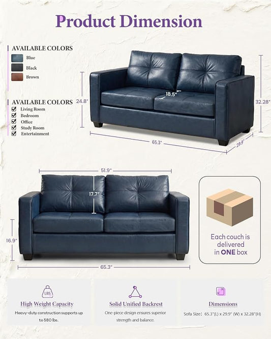 TYBOATLE 65" Faux Leather Loveseat for Bedroom, Mid-Century Modern Tufted Comfy Loveseat w/USB Charging Ports and Wide Arms, 2 Seat Office Small Couch, Blue