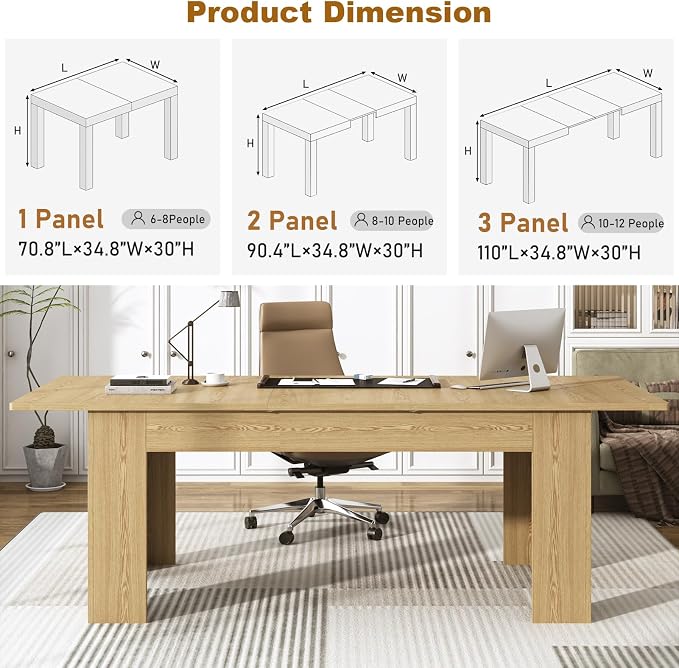 70.8"-110" Extendable Dining Table for 6-10 Person, Wooden Dining Room Table, Modern Extendable Table for Gatherings, Meeting for Small Kitchens, Dining Office Areas(Natural)