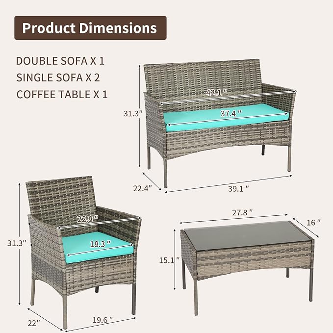 FDW Outdoor Patio Furniture Set Wicker Patio Set PE Rattan Furniture Bistro Set for Outdoor Indoor Use with Loveseats Coffee Table, Blue Cushions, 4 Pieces