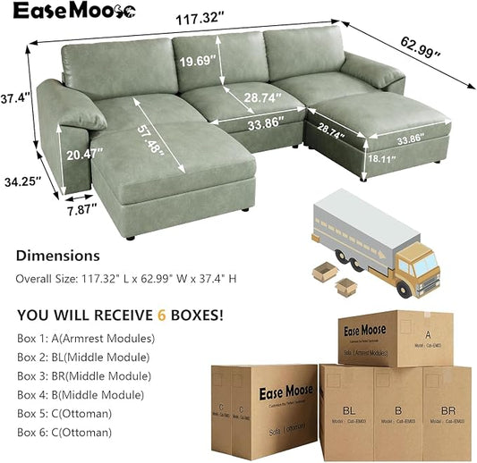 EASE MOOSE Deep Seat Sectional Couch, Scratch Resistant Faux Leather Material, 5-Seat Oversized Modular Sofa for Living Room,U Shaped Classic Comfy Sofas for Living Room,Green