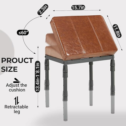 TIOPGHAD Adjustable Ottoman Pouf, 60 Degree Tilt, Brown Synthetic Leather | 4-Height Footrest, 28 Positions, Iron frame, Foam Cushion, 15.74 x 11.81 x 13.34 in, Under Desk, Living room, Home Office"