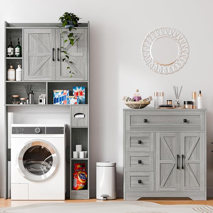 Vabches Farmhouse Storage Cabinet with 2 Doors and 4 Drawers, Freestanding Bathroom Storage Cabinet Kitchen Pantry, Floor Hutch Cupboard for Bathroom/Living Room/Kitchen.(Wash Grey