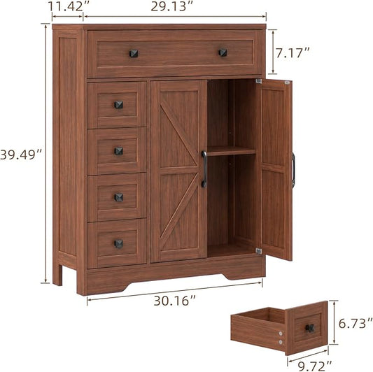 Vabches Farmhouse Storage Cabinet with 2 Doors and 5 Drawers, Freestanding Bathroom Cabinets Kitchen Pantry, Floor Storage Cabinet Hutch Cupboard for Living Room/Bathroom/Kitchen. Walnut