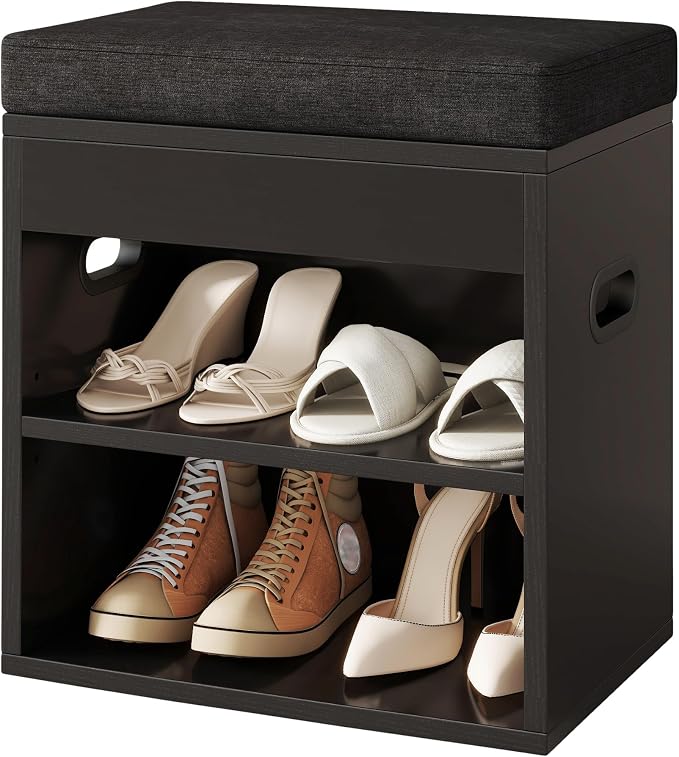 YMYNY Small Shoe Storage Bench with Cushion and Drawer, 2 Tier Adjustable Entryway Bench with Storage, Wooden Shoe Rack Bench for Entryway, Living Room, Hallway, Closet, Bedroom, Black, HSC002B