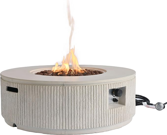 Merax 38.19'' MGO Propane Outdoor Fire Pit with Vertical Stripe Design, 50000 BTU Round Fire Pit Table with Steel Burner, Adjustable Flame Control, Lava Rocks & Rain Cover for Patio&Backyard, Beige
