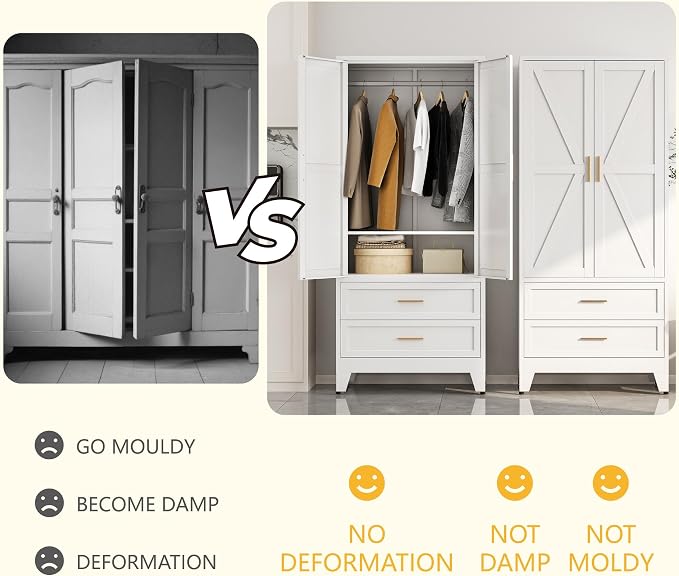 Metal Wardrobe Closet Cabinet with Drawers,71" H Large Bedroom Armoires with Shelves and Hanging Rod,Wardrobe Storage Cabinet with 2 Doors, 1 Adjustable Shelf and Drawers (2Drawer, White)