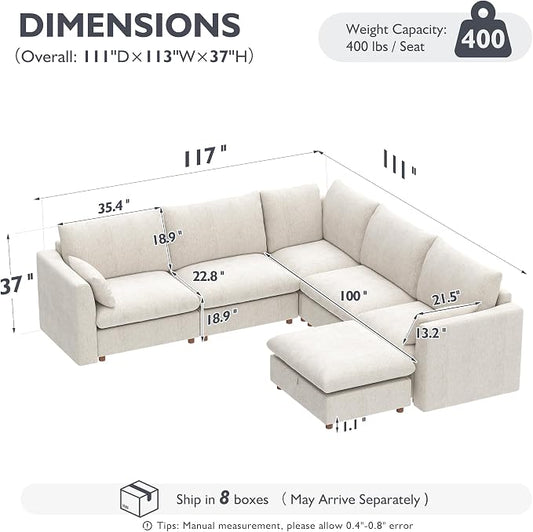 Ihanherry 111" Oversized Modular Sectional Sofa, Modern V Shaped Cloud Couch with Storage Ottoman, 6-Seat Comfy Chenille Deep Seat Sofa with 2 Pillows for Living Room, Beige