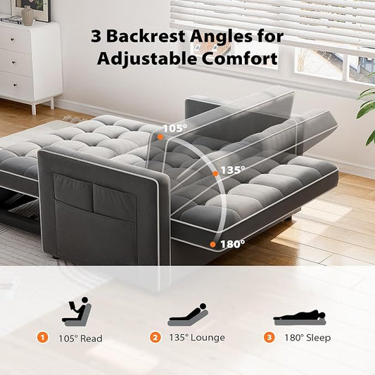 Pipishell 3 in 1 Sleeper Sofa Bed, Pull Out Couch with USB & Type-C Ports, Deep Seat Convertible Loveseat Sofa, Adjustable Backrest, Side Pockets, Velvet Futon Couch for Living Room, Grey