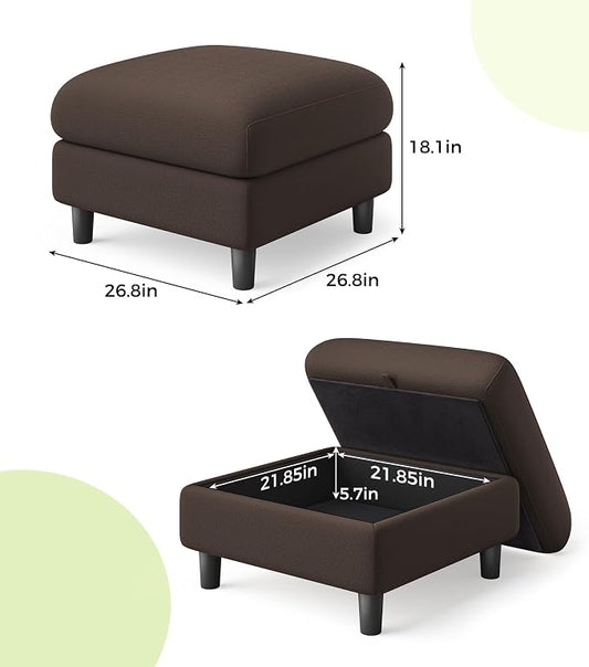 Welzona Teddy Storage Ottoman, 26.7" Large Living Room Ottoman, All-Wood Coffee Table Ottomans with Storage, Tool-Free Setup Ottomans for Living Room, Bench for Bedroom, Brown
