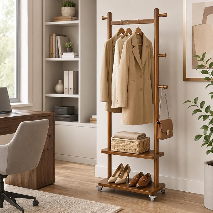 Taitiy Coat Rack Freestanding Clothing Rack with Wheels & 2 Shelves Storage & 5 Hooks Heavy Duty Clothes Rack Wood Coat Tree Stand Hat Hanger Rack for Corner Bedroom Entryway Living Room Hotel Size L