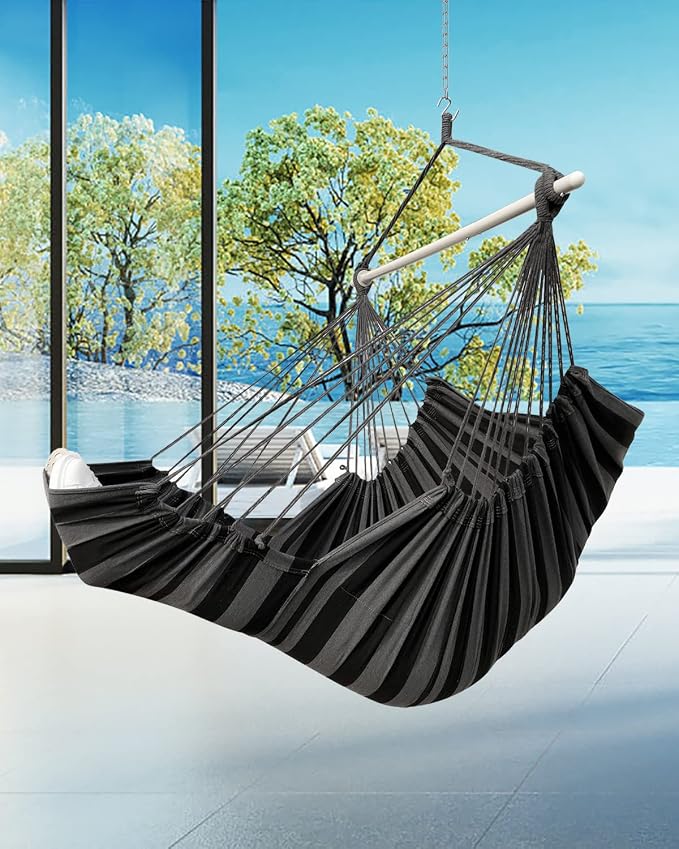 ADVOKAIR Hanging Hammock Chair Large Swing Chair with Foot Rest and Hardware,Max 500lbs,Steel Spread Bar with Anti Slips, 2 Cushions and Side Pocket,Indoor/Outdoor Use…