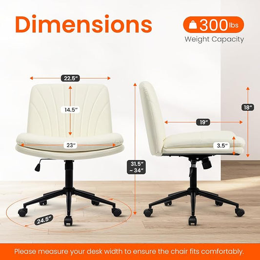 Orange Factory Criss Cross Chair with Wheels Comfy Wide Vanity Desk Chair Dual Base Leather Armless Adjustable Swivel for Home Computer Task (Beige Pu, Faux Leather)
