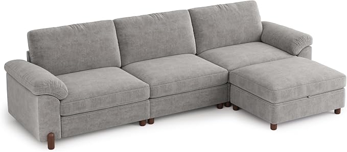 SITJOY Large Cloud Couch, 118" Wide 3 Seater L Shape, Light Gray Chenille | Detachable and Washable Chenille Cover Sectional Sofas for Living Room, Deep Seat Wide Couch with Chaise, Storage Ottoman
