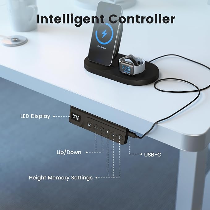 FEZIBO 71 x 37 Inch Standing Desk with Integrated Dual-Beam, Cable Management, 3 Memory Height Adjustable Computer Desk for Home Office Workstation, 1" Thick Large 3-Piece Desktop White