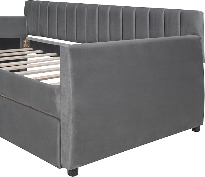 Merax Upholstered Daybed with 2 Drawers, Twin Size Bed Frame with Storage and Wood Slat Support, Gray